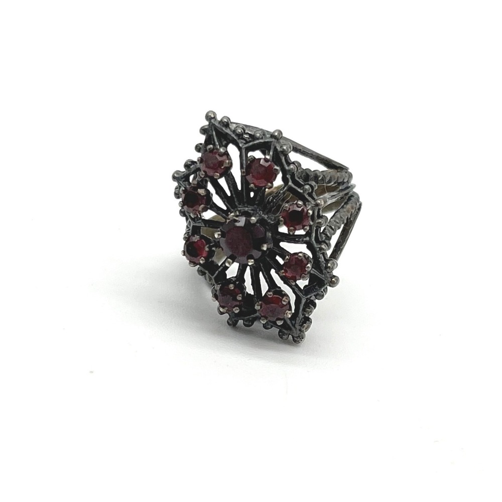 Vintage Ornate‎ Garnet Cluster Ring Sterling Silver Filigree Statement